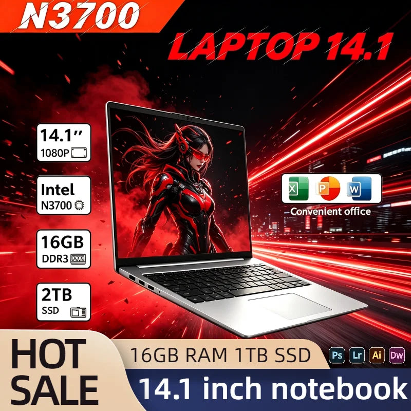 Intel N3700 Ultra Slim 14.1 Inch Gaming Laptop 16GB DDR3L 2TB SSD 1920x1080 Notebook Office Study PC 4K Video Pro Max