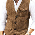 Men Vest Brown Herringbone Wool Tweed V Neck Single Breasted Retro Tooling Vest Male Gentleman Business Waistcoat For Wedding