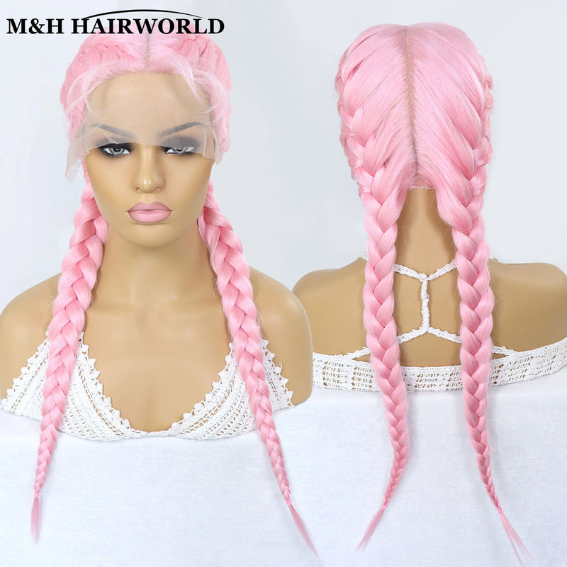Half Red Half Black Colored Lace Front Braided Wigs For Women 26 Inch Long Synthetic Double Dutch Box Braids Wig With Baby Hair