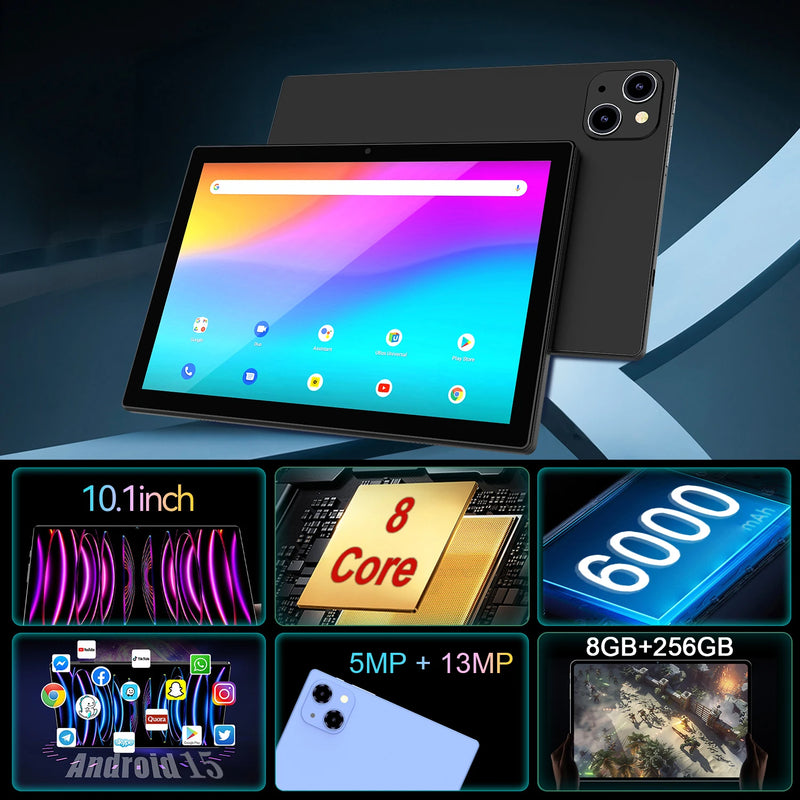 10.1" HD Tablet Android15 Octa Core 8GB+256GB 1280*800 IPS 6000mAh WiFi BT5.2 Dual Camera Gaming Learning Tablet