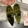 Women Luxury Velvet Mules Pointy Toe Slip-on Fur Sandals Ladies New Brand Design Outdoor Furry Slides Evening Party Heeled Shoes