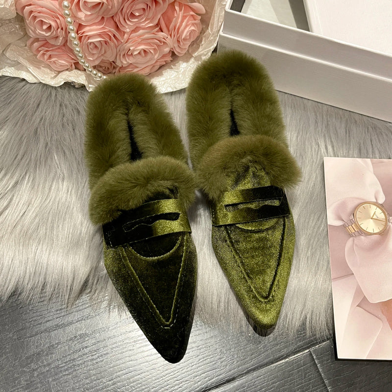 Women Luxury Velvet Mules Pointy Toe Slip-on Fur Sandals Ladies New Brand Design Outdoor Furry Slides Evening Party Heeled Shoes