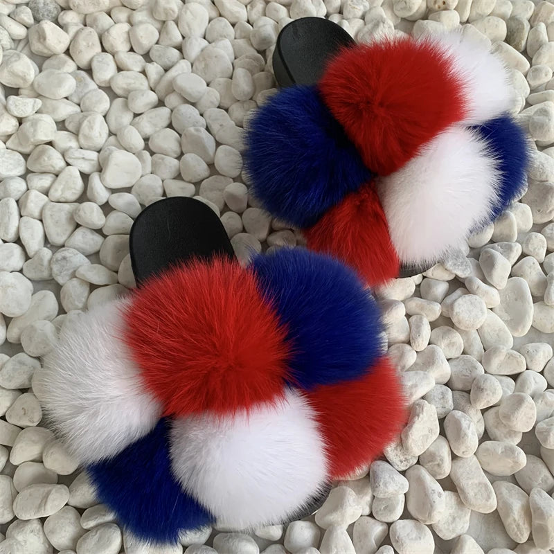 Fur Slides Factory Supply Mixed Color Pom Pom Six Balls Fox Fur Multi-Color Fluffy Fur Slippers For Women