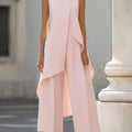 Sleeveless High Neck Jumpsuit With Asymmetric Draped Overlay Wide Leg Culottes Elegant Formal Evening Wear For Women