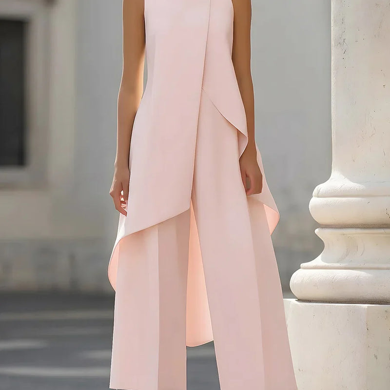 Sleeveless High Neck Jumpsuit With Asymmetric Draped Overlay Wide Leg Culottes Elegant Formal Evening Wear For Women