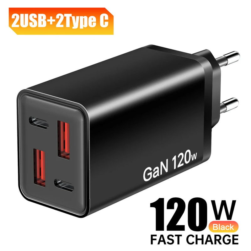 4 Ports 120W USB C Charger Fast Charging EU/US/UK Plug Wall Charger Adapter For iPhone Samsung Xiaomi Huawei Phone Power Charger