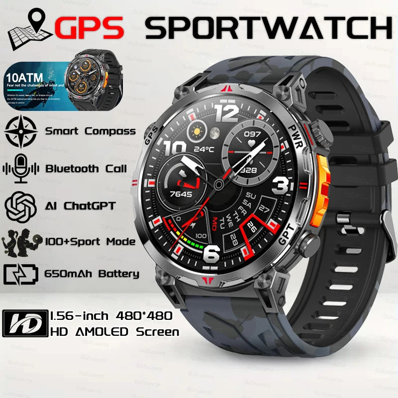 2026 New Outdoor GPS Sports Smartwatches Men Compass 10ATM Waterproof 24/7 Health Monitoring Chat GPT Bluetooth Call Smart Watch