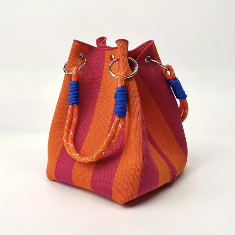 Korean Style Mini Knit Tote Bag Women Striped Crochet Bucket Handbag Lightweight Summer Daily Shoulder Purse For Vacation
