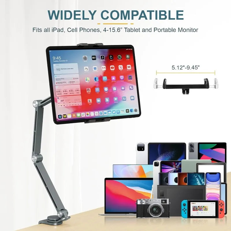 Tablet Desk Mount Stand,360° Rotating Adjustable Metal Arms Foldable, Sturdy Bed Mount for 4.7-13.5 Inch  iPad and Android