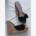 SHOFOO Women's Fashion High-Heeled Slippers Suede Bow Design Black/White 12cm Heel Height Comfortable Slip-On Shoes Wedges shoes