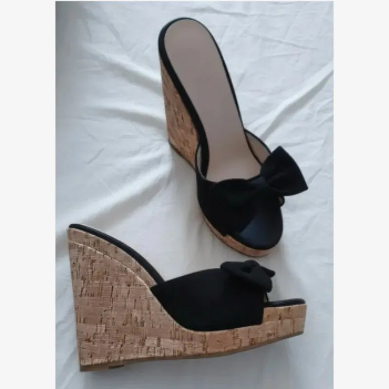 SHOFOO Women's Fashion High-Heeled Slippers Suede Bow Design Black/White 12cm Heel Height Comfortable Slip-On Shoes Wedges shoes