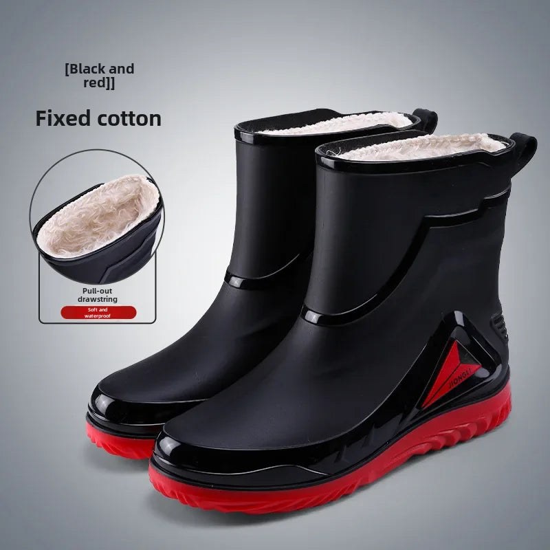 Men's Rain Shoes Fashion Waterproof Men's Rain Shoes Outdoor Non-slip Work Shoes for Men Cotton Warm Rain Boots Kitchen Footwear