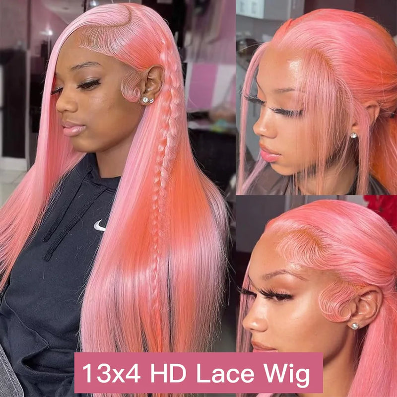 Pink Straight Human Hair Wigs 13X6 Hd Transparent Lace Frontal Wig Brazilian 220 Density Pre Plucked 13X4 30 Inch Lace Front Wig