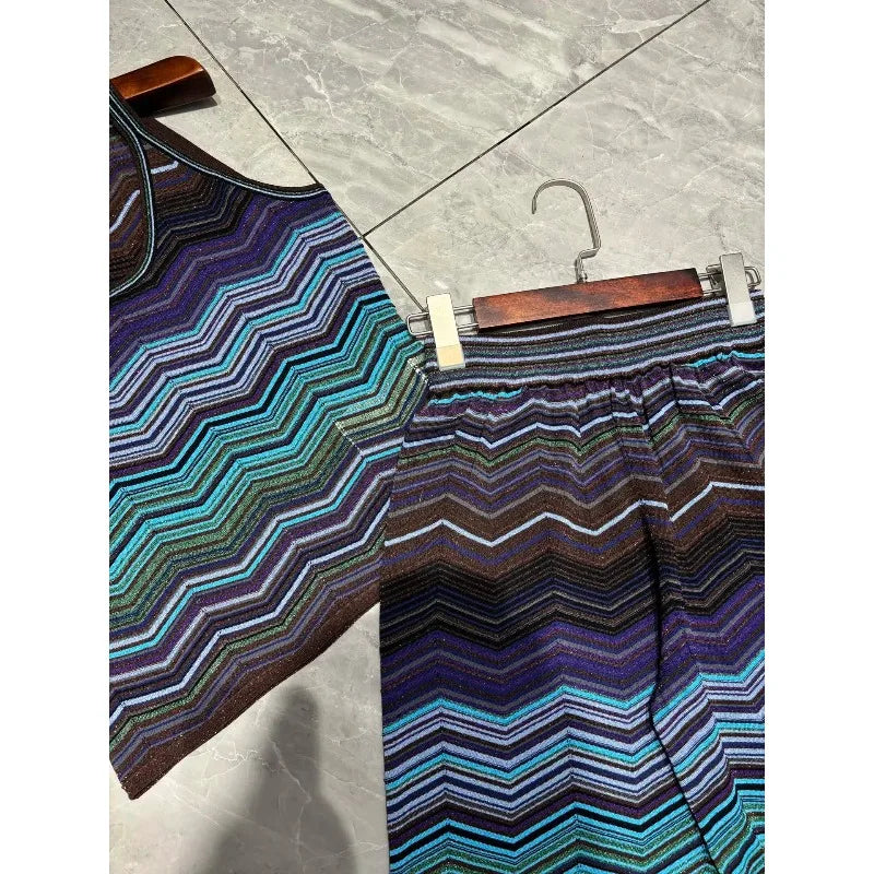Bohemian Striped Knitted Pants Set for Women 2026 Summer New Color-Block Camisole Short Top+Slim Fit Straight Pants 2-Piece Set