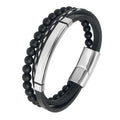 MingAo Charm Men Jewelry Natural Stone Multi-Layer Leather bracelet Black Stainless Steel Magnetic Clasp Tiger eye Bead Bracelet