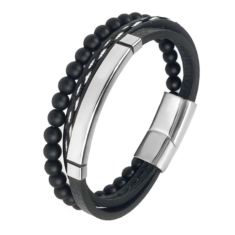 MingAo Charm Men Jewelry Natural Stone Multi-Layer Leather bracelet Black Stainless Steel Magnetic Clasp Tiger eye Bead Bracelet