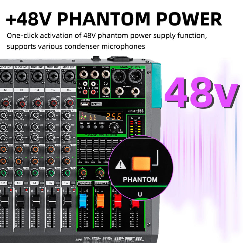 6/8/12/16 Channels Audio Sound Mixer Depusheng Mixing DJ Console USB 48V Phantom Power 256 DSP Effects Sound Table for Stage