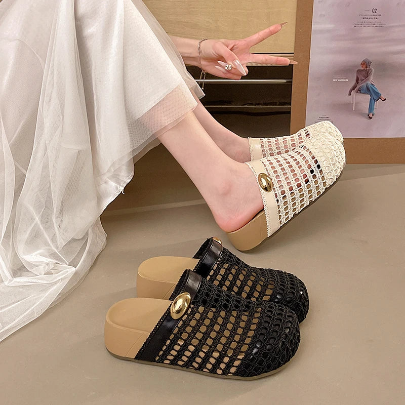 Women Closed Toe Crochet Mesh Hollow Out Wedge Mid Chunky Heel Mules Sandals Slides Casual Summer Daily Slippers Shoes for Women
