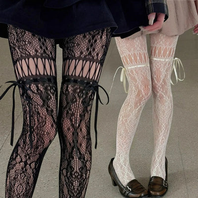 New Gothic Hollowed Lace Tie Fishnet Suspender Socks | SAMAG