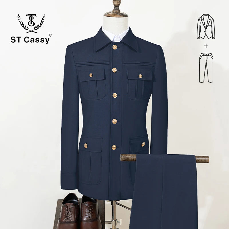 ST Cassy High Quality Safari Men's Suit Classic Fit Multi Buckle Multi Pocket Solid Color Casual Business Set Men's 2-Piece Set