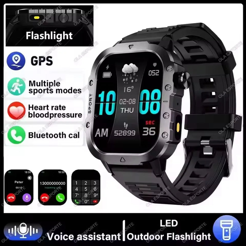 2026 New Military Smart Watch Men IP67 3ATM Outdoor Sports Fitness Tracker Blood Pressure Health Monitor BT Calls GPS Smartwatch