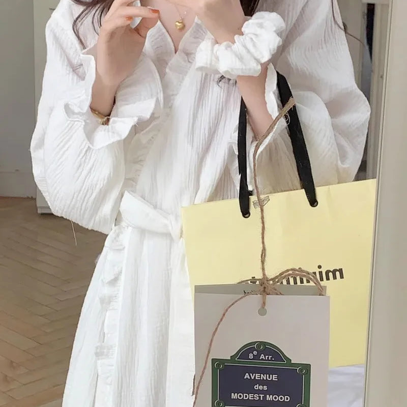Women's Spring and Summer New Simple Long-Sleeved Robe Girls Sweet Ins Wind Ruffled Thin Section of Solid Color Pajamas Home Wea