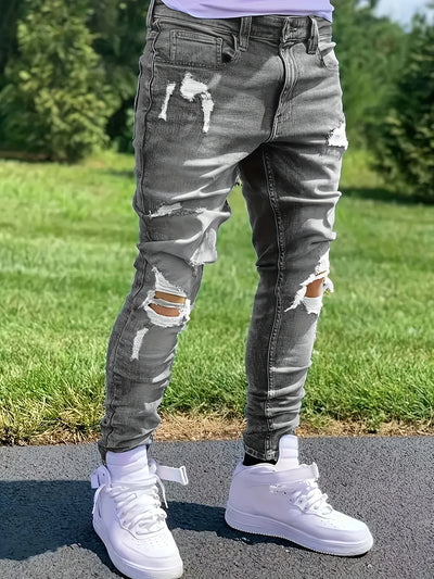 Men's Slim Fit Stretch Denim Jeans with Rips Casual | SAMAG