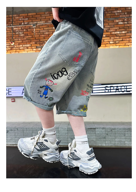 Kids Boys Graffiti Drawing Denim Shorts Elegant Children Casual Ripped Short Jeans Capris Pants 5 6 7 8 9 10 11 12 13 14 Year