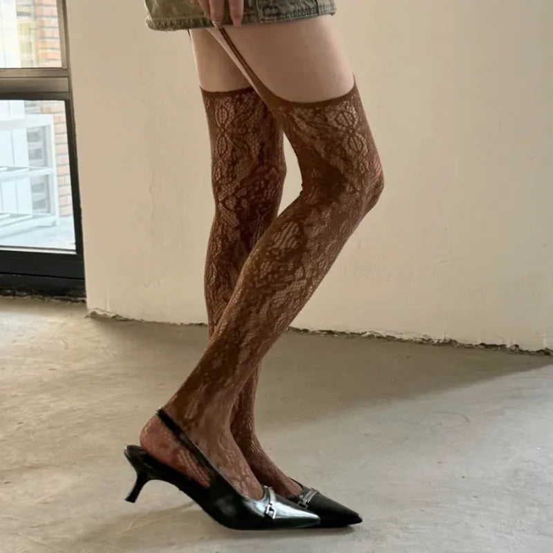 2025 New Sexy Lace Garter Belt Stocking Floral Pattern Thigh Highs Y2K Over Knee Sock Mesh Pantyhose for Women Lingerie Leggings