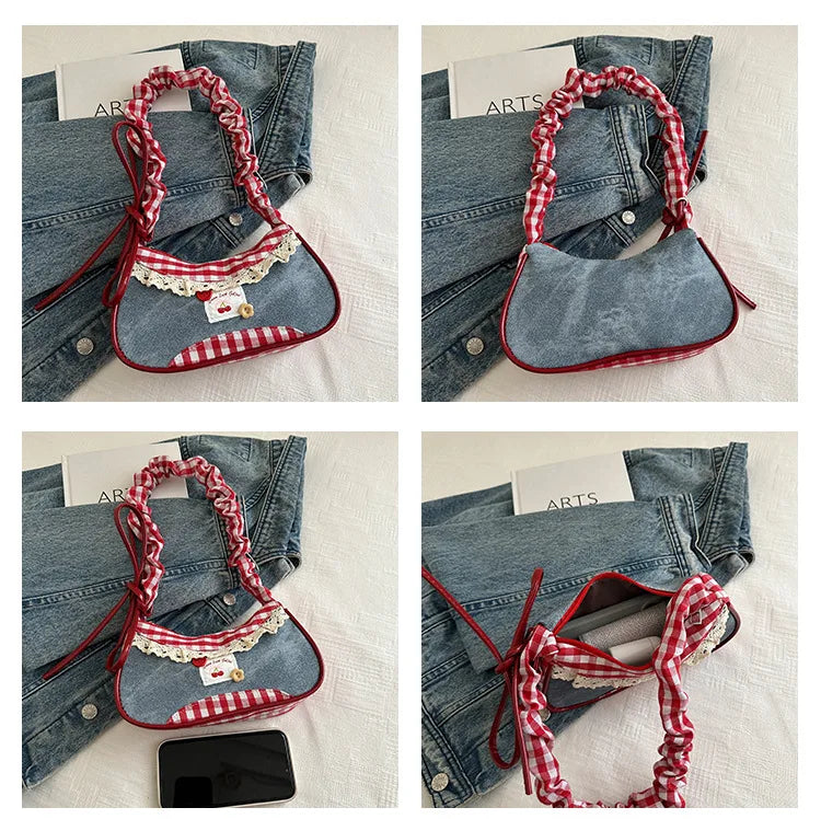 Sweet Lace Bow Prints Ladies Shoulder Bags Women's Contrast Color Lightweight Underarm Bags Pleated Design Female Hobos Handbags