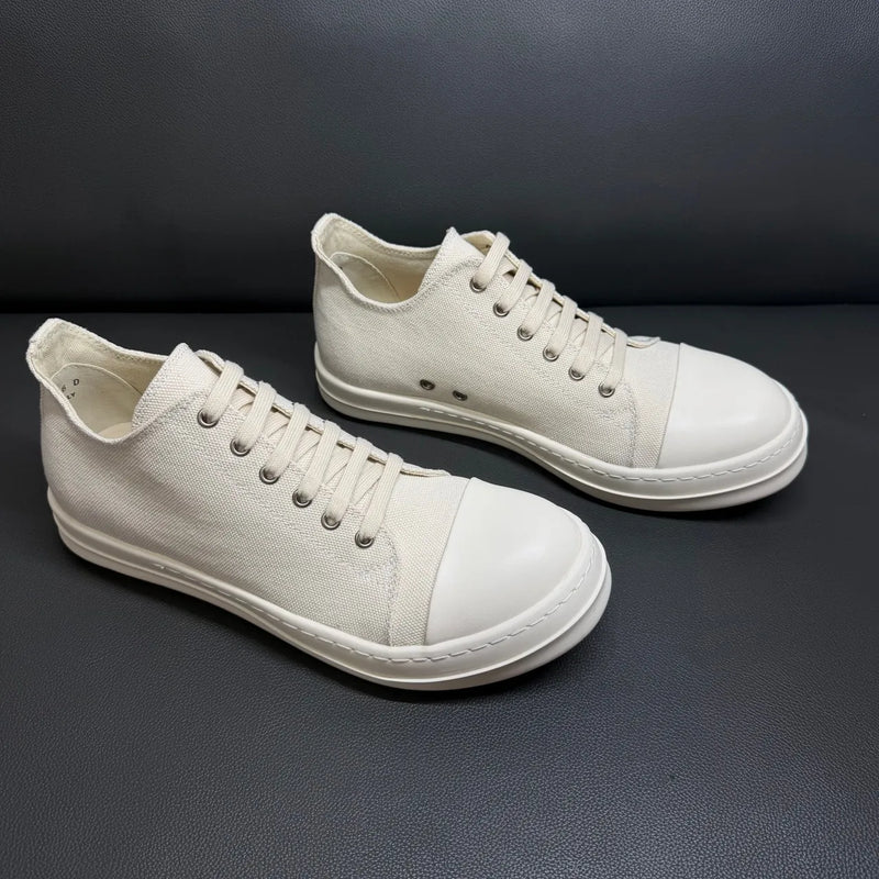 Classic Men's And Women's Low Top Casual Sneakers White Beige Canvas Thick Sole Lace-Up Luxury Flat Shoe