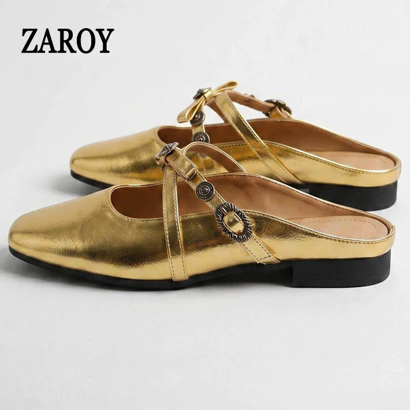 ZAROY Luxury Gold Women Mules Square Toe PU Leather Summer Slip On Baotou Slippers Beach Flat Sandals Cozy Mules Slides Shoes
