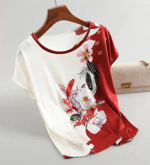 Plus Size Women's Silk Satin Blouse Spring Summer Floral - View 8 | SAMAG