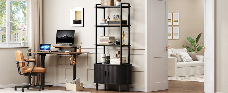 71" Tall Bookshelf,4-Tier Book Shelf with Storage Cabinet,Modern Bookcase with Sliding Door & Adjustable Footpad