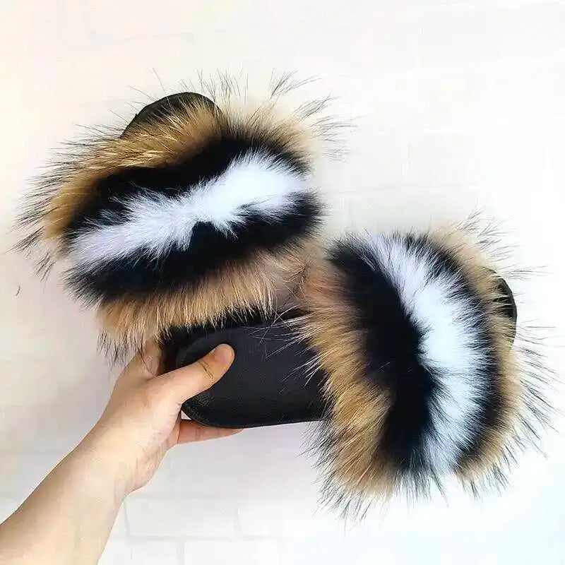 Women Real Raccoon Fur Slides Fluffy Luxury Furry Open Toe Slippers Indoor Outdoor Summer Sandals Non Slip Soft Comfy Sole Cozy