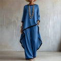 Women's Contrast Patchwork Two Piece Set Autumn O-neck Long Sleeve Irregular Extended Top + Wide Leg Pants Casual Matching Sets