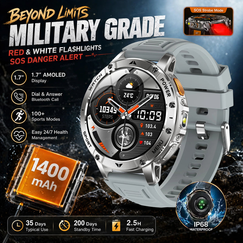 2026 New Military TANK 1400mAh Battery Smart Watch IP68 Waterproof LED Flashlight Heart Rate Sports tracker SOS Smart Watch Men