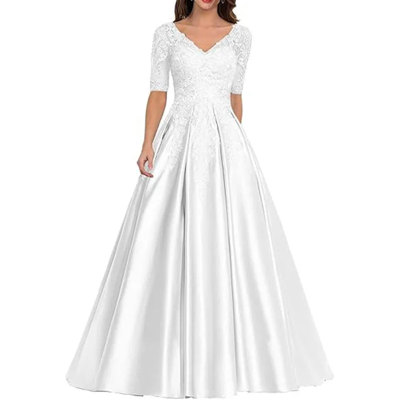 A Line Women Evening Dresses Satin Appliques V Neck Prom | SAMAG