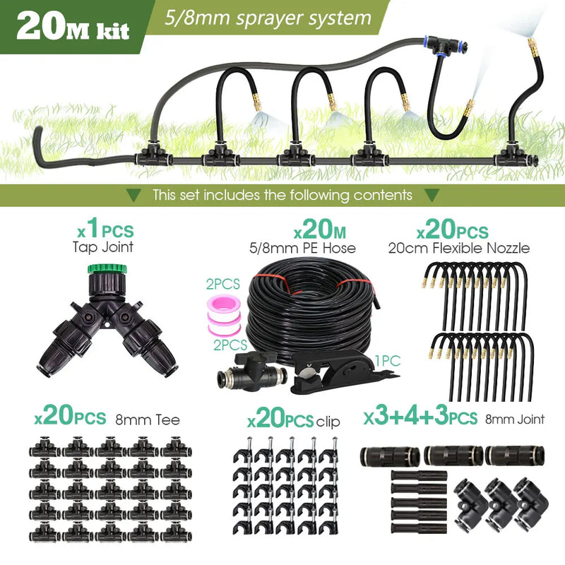 Garden 5-30M 8mm PE Hose 20cm 360° Bending Brass Nozzle Spray Kit Atomized Automatic Irrigation Equipment Plants Mist Wateriing