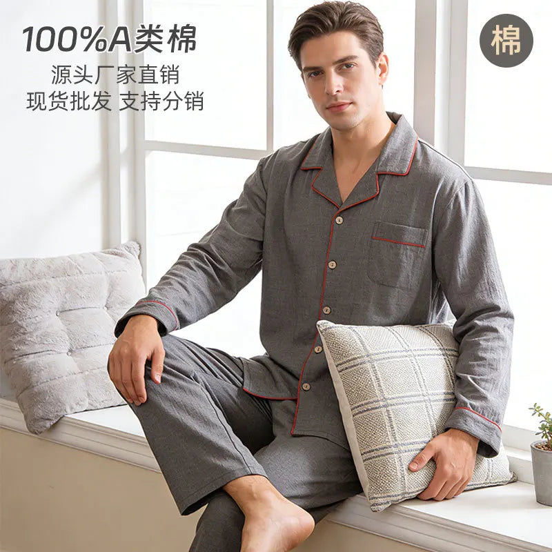 Sleepwear Summer Male Pajamas Set Man Pure Cotton Men's Pajama Set Long Sleeves Long Pants Home Wear Outside 2pcs Lounge