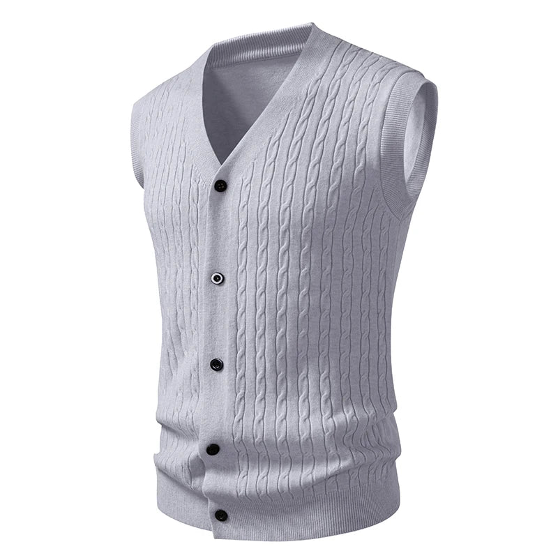 Beige Men's Sleeveless Knit Vest; Pullover Vests for Fall and Winter, Available in Yellow, Gray, Khaki, and Blue.