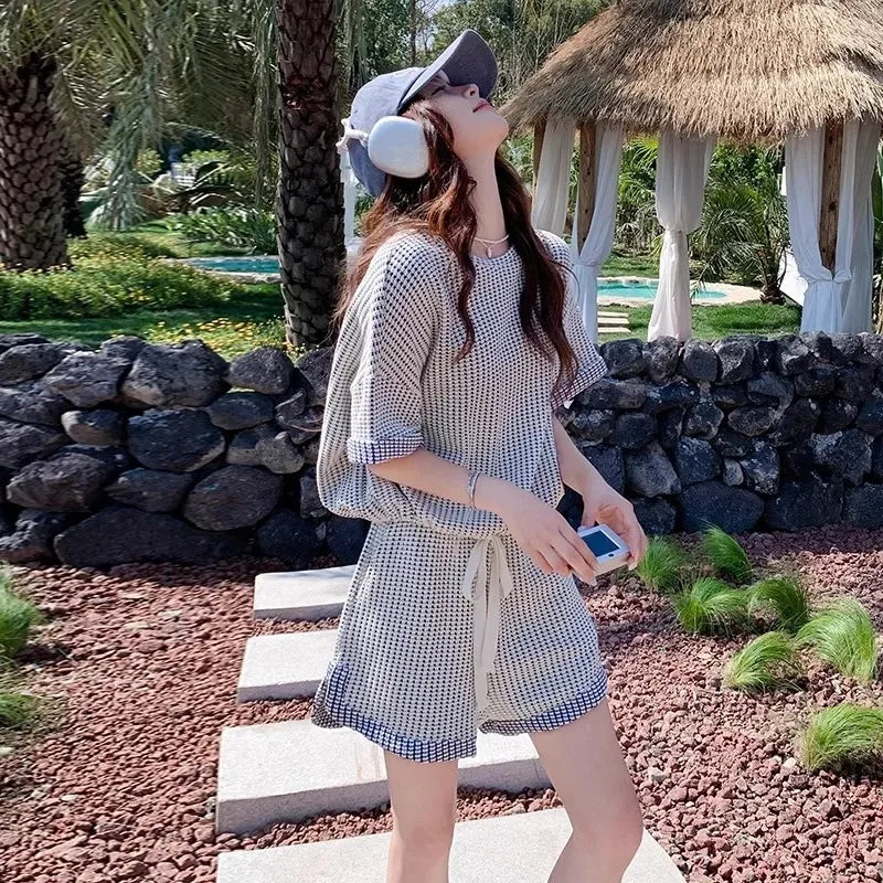 Women Korean Lazy Style Two Piece Outfit Summer Small Check Short Sleeve T Shirt Drawstring Shorts Loose Casual Tracksuit