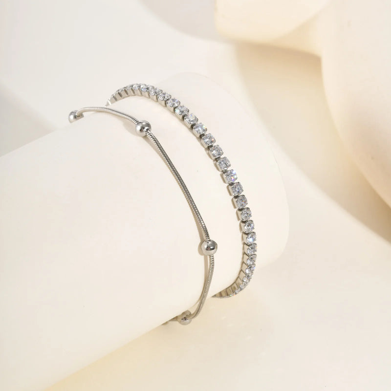 2pcs Stainless Steel Bracelets Set, Minimalist Elegant Bead Round Snake Chain Bracelet, Luxury Zircon Tennis Chain Wristband