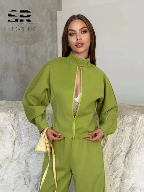 SINGREINY Autumn Stand Collar Casual Sweatshirts Suits Women Long Sleeves Zipper Slim Top+Long Pants Trendy Street Tracksuits