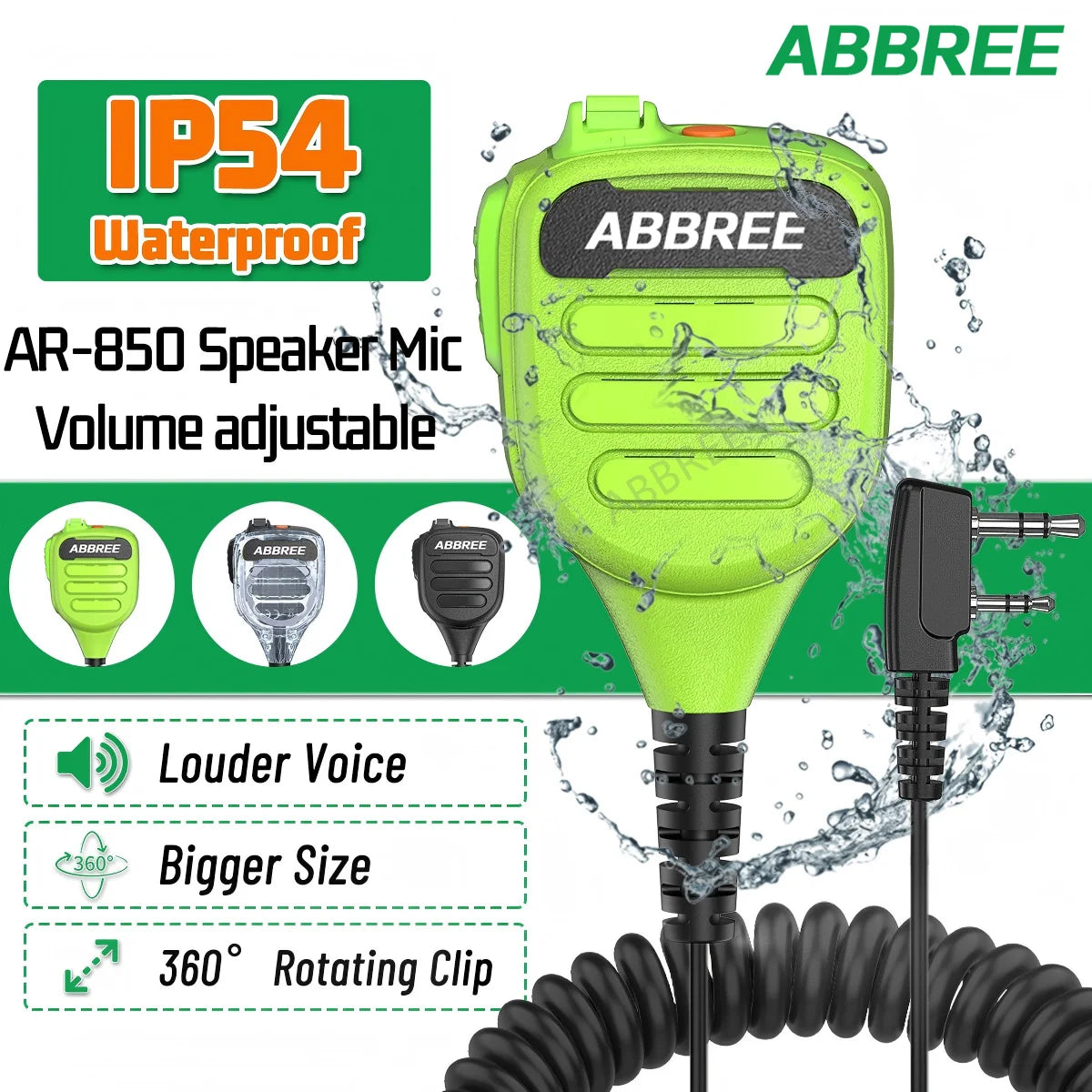 ABBREE AR-850 Speaker Mic Walkie Talkie Volume Adjustable IP54 Waterproof Compatible With Baofeng UV-5R UV-39 BF-888S Ham Radio