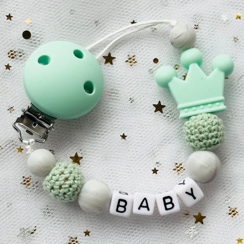 Free Custom Personalized Name Pacifier Clips Handmade Beech Wood Chain Silicone Crown Holder Soother Baby Teething Toy Chew Gift