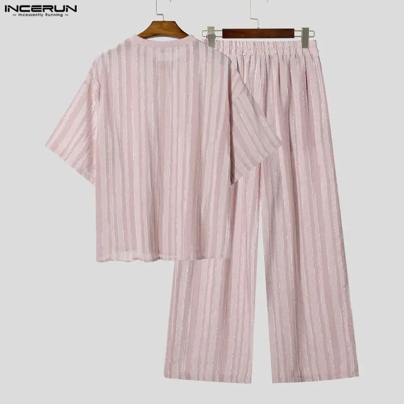 INCERUN Men's Sets Striped See Through Short Sleeve T Shirt Pants Two Piece Streetwear Loose Fashion - View 5 | SAMAG