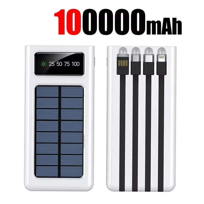 Portable Solar Charger Power Bank High Capacity External Rechargeable Solar Battery With 4 Cables For iPhone Samsung 2026