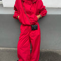 Women Hood Stand Collar Loose Jumpsuit Long Sleeve Elastic Waist Wide Leg Overalls Casual Streetwear One Piece Outfit For Ladies
