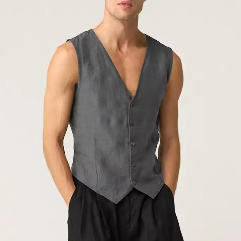 Linen Casual Men's Vest Cool Sleeveless Male Summer Single Breasted Suit Vests V Neck Vintage Jacket for Men Waistcoat